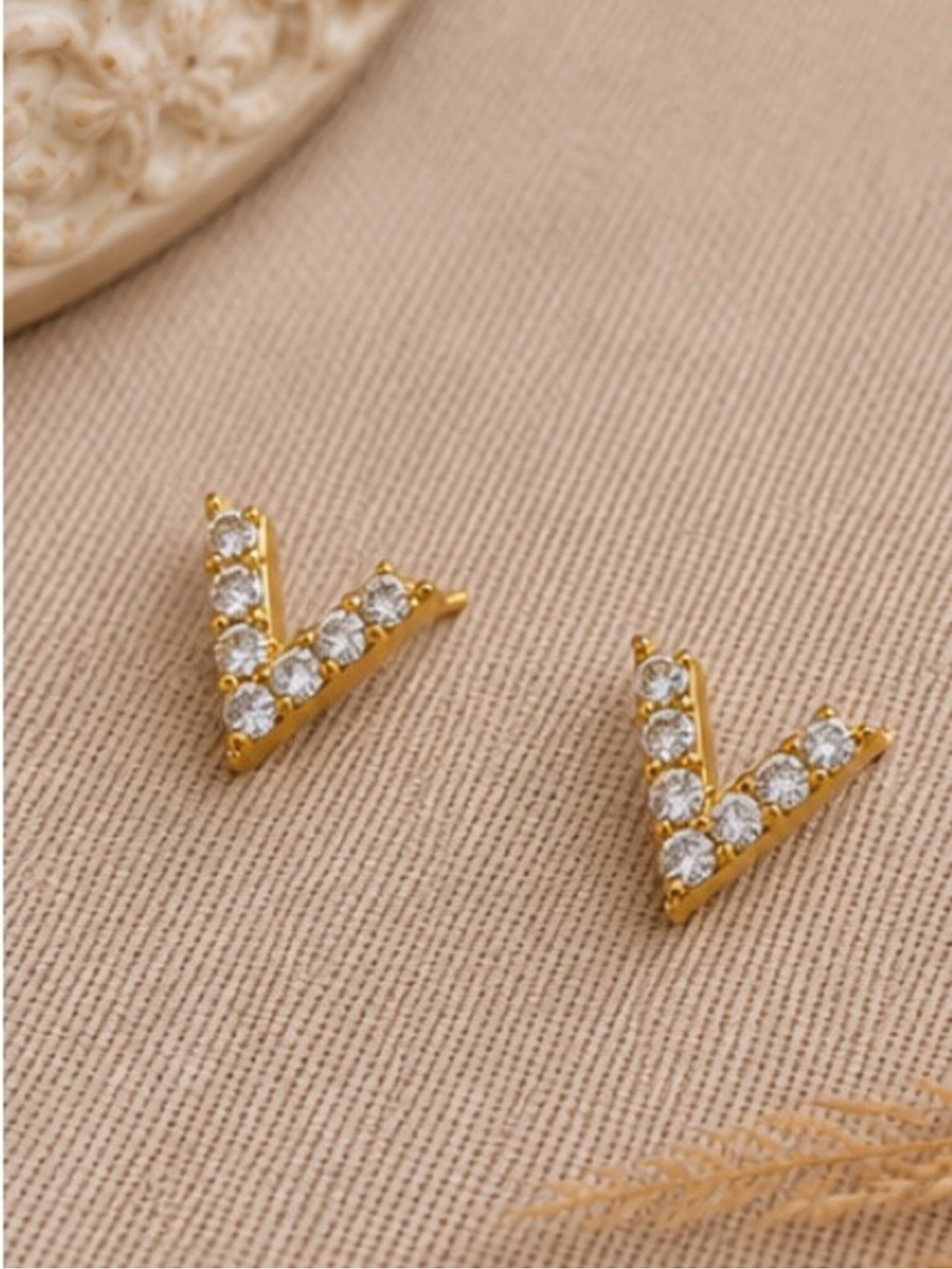 Gold V-Shape Crystal Stud Earrings - Women Jewelry Designer Inspired